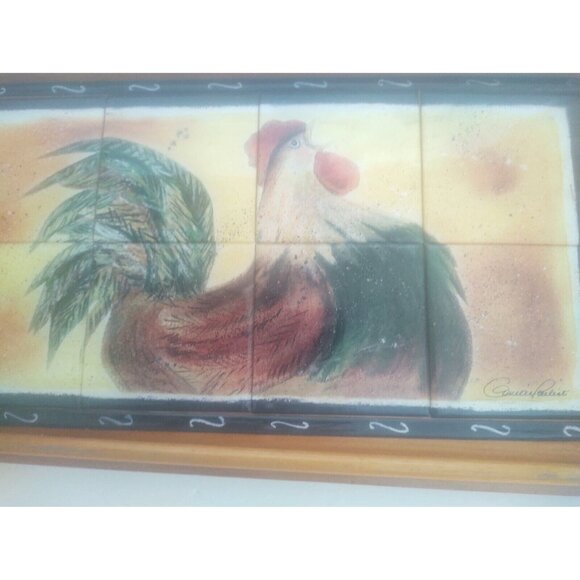 Vintage Handled Wooden Tray with Ceramic Tile Inlaid Rooster Artist Signed - Picture 7 of 13